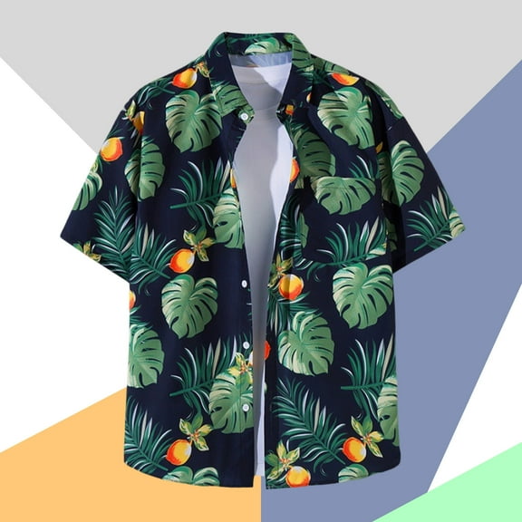 POTETI Hawaiian Shirts for Men Short Sleeve Casual High Neck Cotton Linen Tropical Button up Shirts