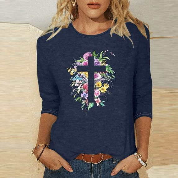 POTETI Hawaiian Shirts for Women Plus Size Winter Casual Printed T-shirt 3/4 Sleeves Blouse Round Neck Casual Navy Blouse for Juniors