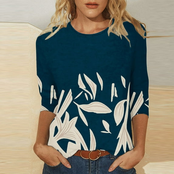 POTETI Henley Shirts for Women Winter Casual T-shirt Mid-length 3/4 Sleeves Blouse Round Neck Casual Green Blouse for Girls