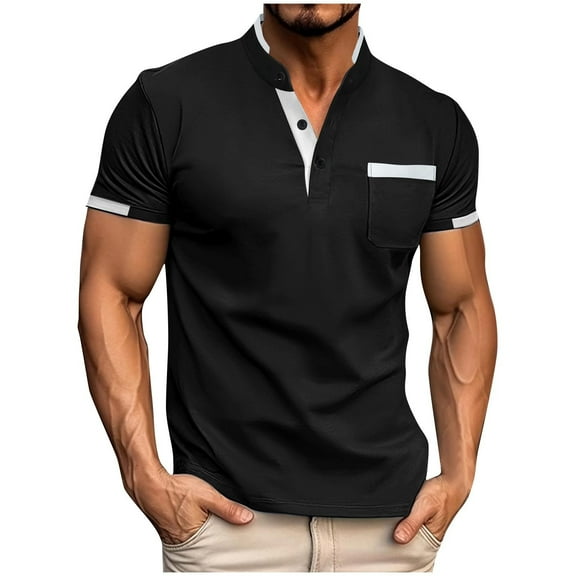 POTETI High Neck Mens Polo Shirt Short Sleeve Casual Shirts Pocekts Solid Loose Tops