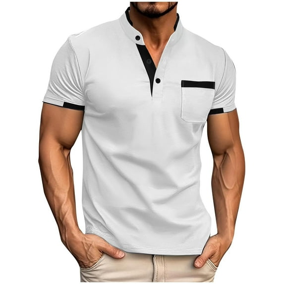 POTETI High Neck Polo Shirts for Men Short Sleeve Casual Shirts Pocekts Loose Solid Tops