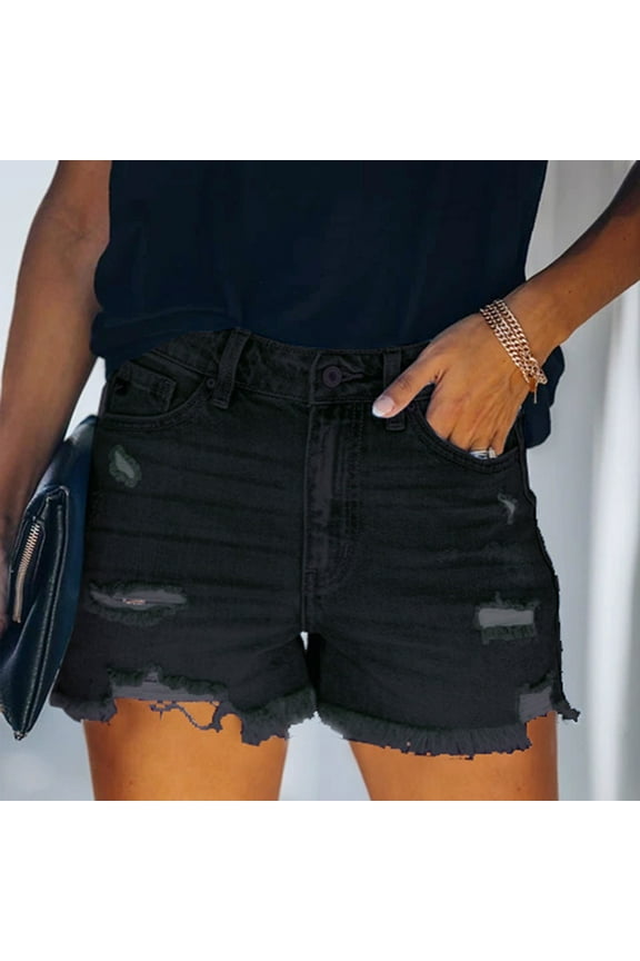 High Waisted Jean Shorts for Women Denim Womens Shorts Black Casual Solid with Pockets Distressed Ripped Cut-off Shorts