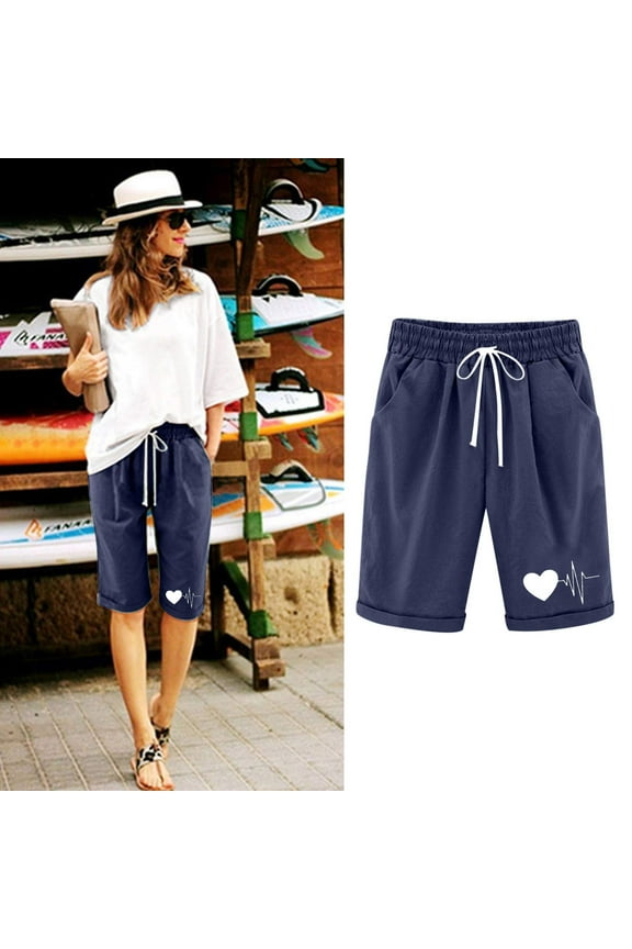 High Waisted Women Bermuda Shorts Cotton Linen Women Summer Shorts Dark Blue with Pockets Heart Print Valentine's Day Casual Drawstring Shorts