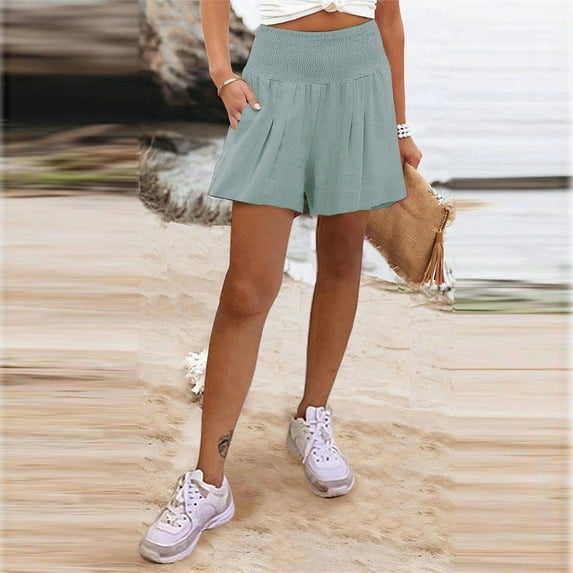 POTETI High Waisted Women Board Shorts Pleated Womens Shorts Green Casual Beach Elastic Flowy Cotton Blend Solid Shorts