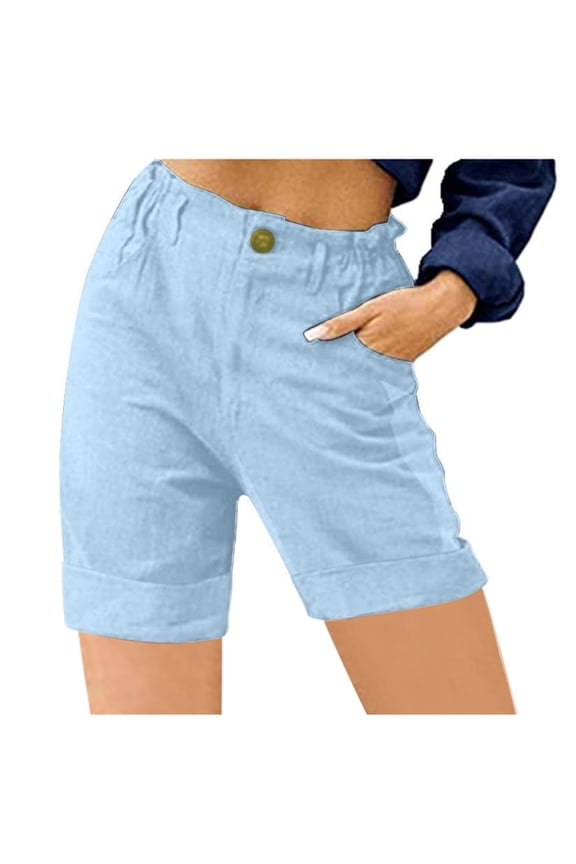 High Waisted Womens Bermuda Shorts Casual Lounge Shorts Women Light Blue Solid with Pockets Zipper Drawstring Loose Shorts