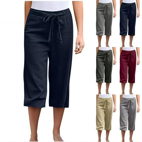 POTETI High Waisted Womens Capris Capris Shorts for Women Navy Bandage Casual Cropped Straight Cotton Blend Solid Shorts