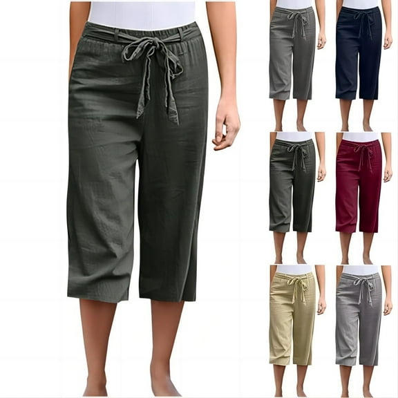 POTETI High Waisted Womens Capris Capris Women's Shorts Army Green Casual Cotton Blend Solid Bandage Straight Cropped Shorts