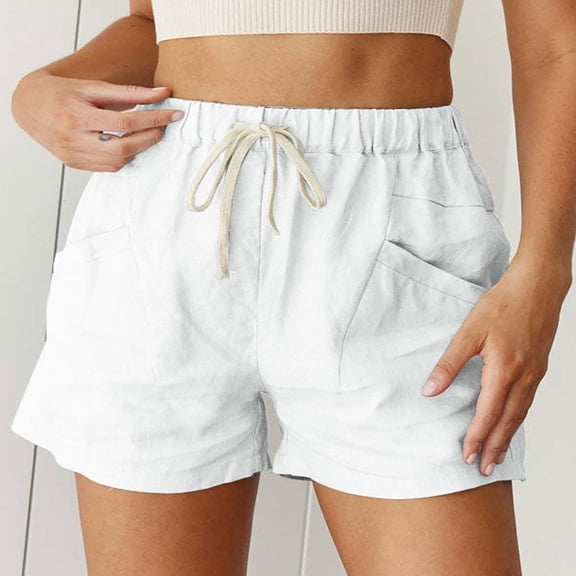 POTETI High Waisted Womens Cargo Shorts Cotton Linen Women's Shorts White with Pockets Solid Flat Front Bandage Shorts