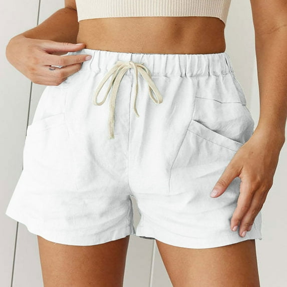 POTETI High Waisted Womens Cargo Shorts Cotton Linen Women's Shorts White with Pockets Solid Flat Front Bandage Shorts