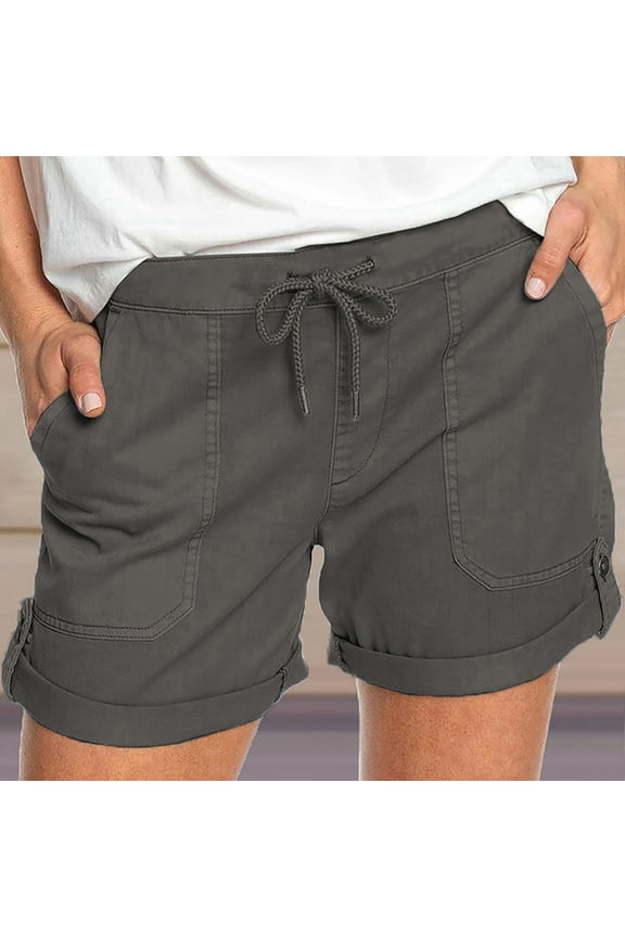 High Waisted Womens Cargo Shorts Wide Leg Shorts for Women Dark Gray Solid Drawstring with Pockets Casual Shorts