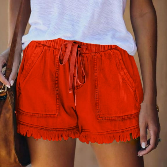 POTETI Jean Shorts for Women Denim High Waisted Lounge Shorts Women Red Tassels Solid Cargo with Pockets Drawstring Casual Shorts