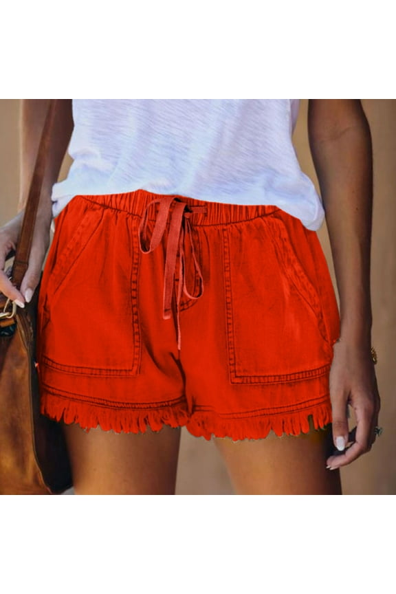 Jean Shorts for Women Denim High Waisted Lounge Shorts Women Red Tassels Solid Cargo with Pockets Drawstring Casual Shorts