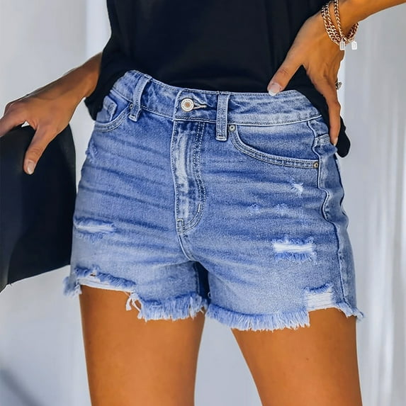 POTETI Jean Shorts for Women Denim High Waisted Shorts for Women Light Blue Distressed Ripped Solid Casual with Pockets Shorts