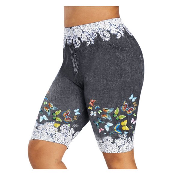 POTETI Jean Shorts for Women Denim High Waisted Shorts for Women Plus Size Gray Slim Legging with Pockets Hip Warp Print Shorts