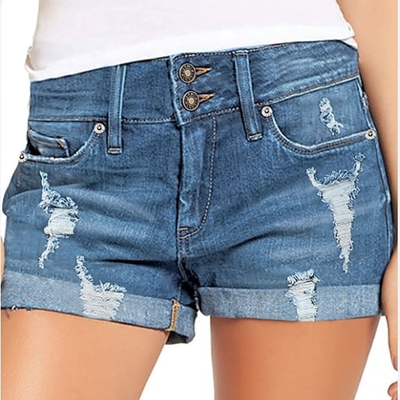 POTETI Jean Shorts for Women Denim Mid Rise Women Shorts Blue Distressed Ripped with Pockets Casual Stretchy Solid Zipper Shorts