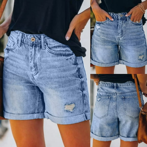POTETI Jean Shorts for Women High Waisted Denim Shorts for Women Blue with Pockets Flat Front Distressed Ripped Solid Casual Shorts
