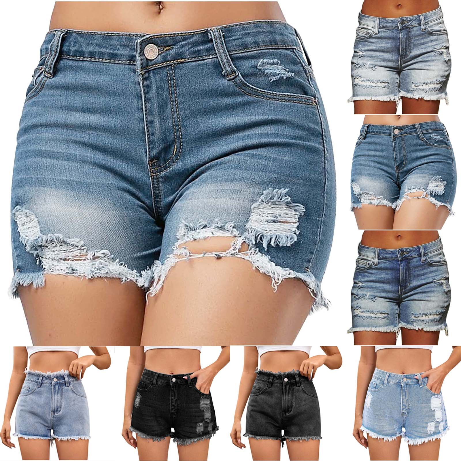POTETI Jean Shorts for Women Mid Rise Denim Shorts for Women Plus Size Dark Blue Solid Stretchy Button Casual Distressed Ripped with Pockets Shorts