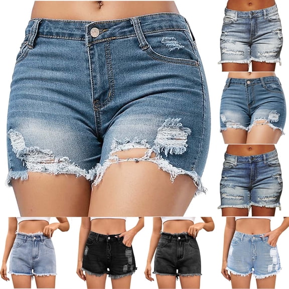 POTETI Jean Shorts for Women Mid Rise Denim Shorts for Women Plus Size Dark Blue Solid Stretchy Button Casual Distressed Ripped with Pockets Shorts