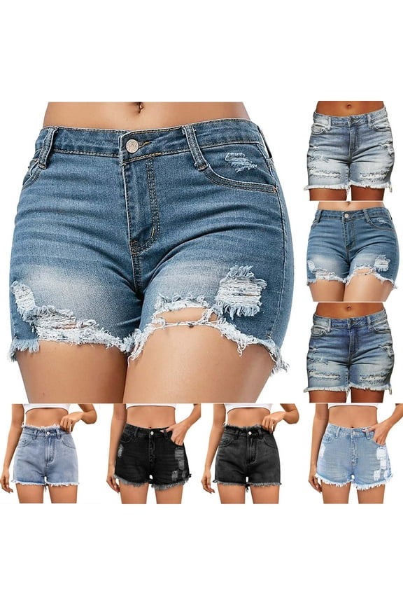 Jean Shorts for Women Mid Rise Denim Shorts for Women Plus Size Dark Blue Solid Stretchy Button Casual Distressed Ripped with Pockets Shorts
