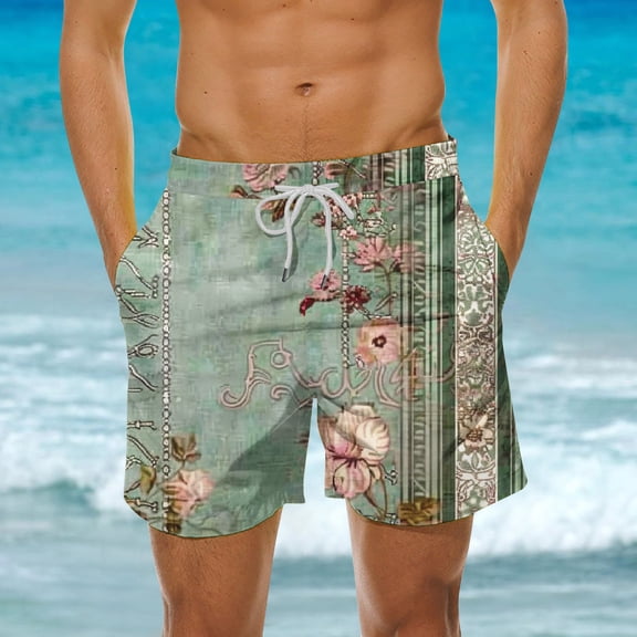 POTETI Men's Swimming Shorts Quick Dry Tropical Print Hawaiian Vacation Casual Board Shorts Swimsuit