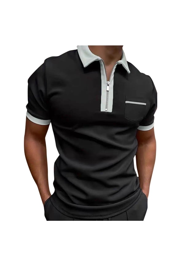 Mens Polo Shirt Casual Short Sleeve Collared Shirts Patchwork Pockets Solid Quarter Zip Tops