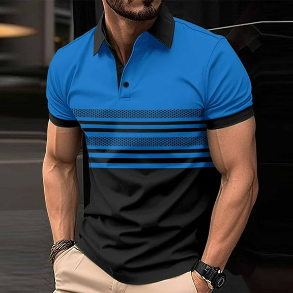 POTETI Mens Polo Shirt Short Sleeve Casual Collared Shirts Color Block Breathable Button Slim Tops