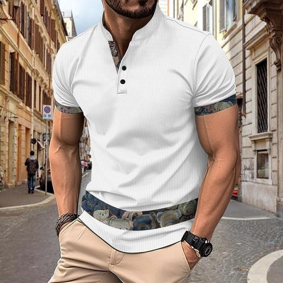 POTETI Mens Polo Shirt Short Sleeve Casual Collared Shirts Waffle Loose Solid Patchwork Tops