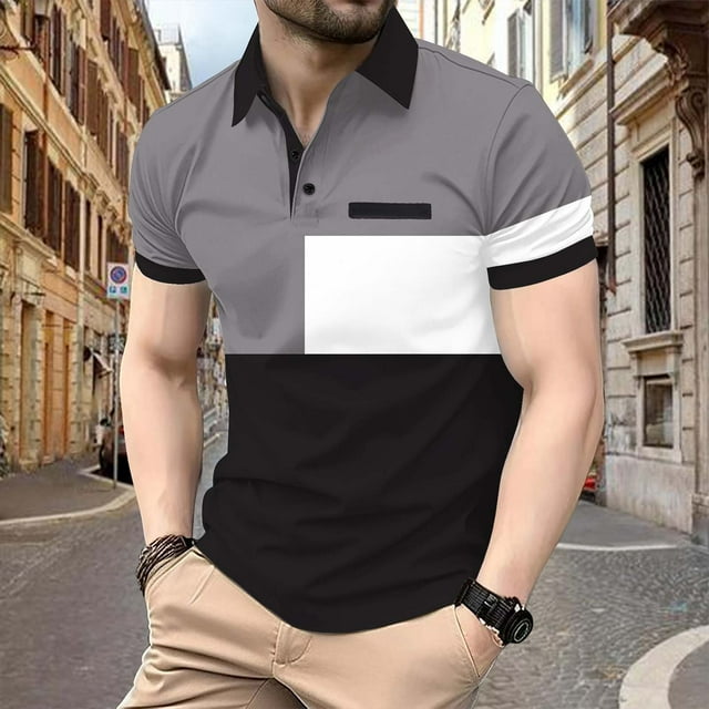 POTETI Mens Polo Shirts Casual Short Sleeve Collared Shirts Slim Color Block Breathable Button Tops