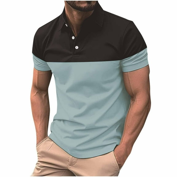 POTETI Mens Polo Shirts Collared Casual Short Sleeve Shirts Button Patchwork Color Block Tops