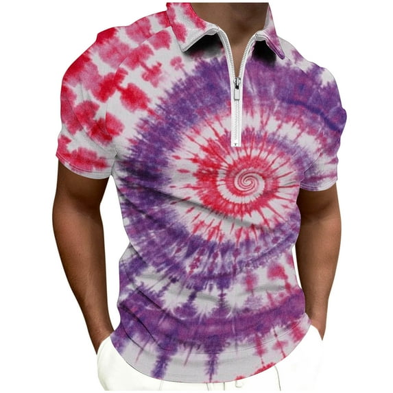 POTETI Mens Polo Shirts Collared Short Sleeve Casual Shirts Loose Tie Dye Quarter Zip Tops