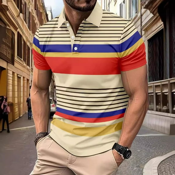 POTETI Mens Polo Shirts Short Sleeve Collared Casual Shirts Loose Striped Tops