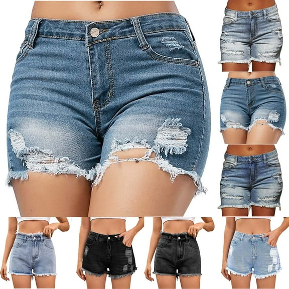 POTETI Mid Rise Women Jean Shorts Denim Womens Shorts Dark Blue Casual Solid Distressed Ripped with Pockets Button Stretchy Shorts
