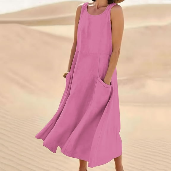 POTETI Midi Womens Dresses Plus Size Sleeveless Summer Sundresses Cotton Linen Tank Long Dresses