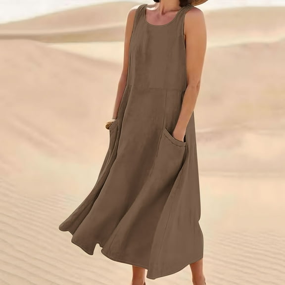 POTETI Midi Womens Dresses Plus Size Sleeveless Summer Sundresses Tank Cotton Linen Long Dresses