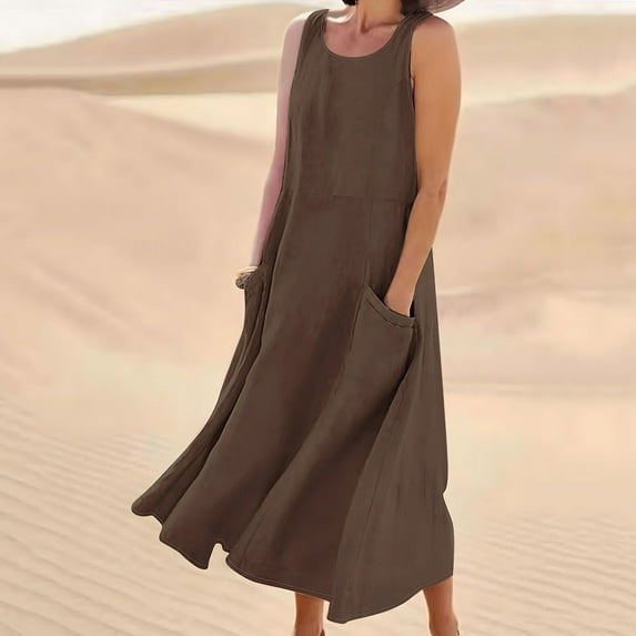 POTETI Midi Womens Dresses Plus Size Sleeveless Summer Sundresses Tank Cotton Linen Long Dresses