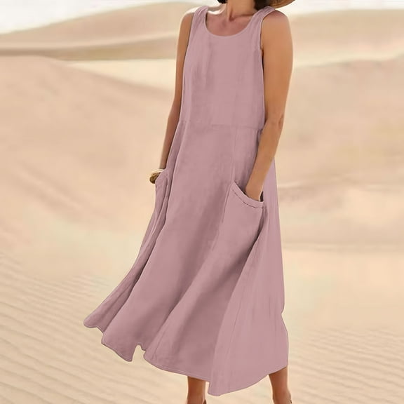POTETI Midi Womens Dresses Plus Size Sleeveless Summer Sundresses Tank Long Cotton Linen Dresses