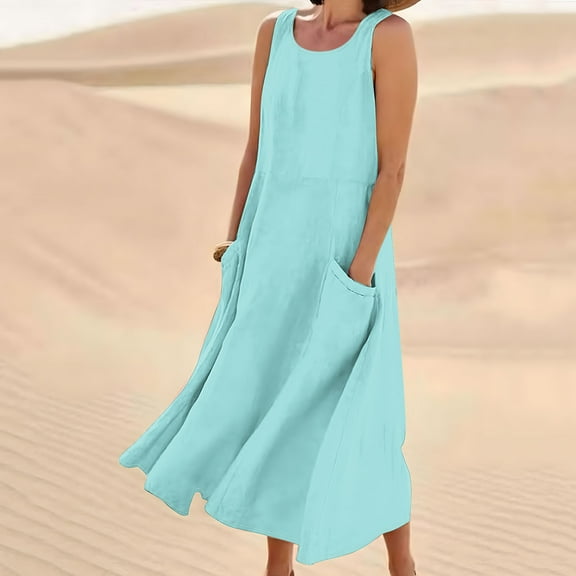 POTETI Midi Womens Dresses Plus Size Summer Sleeveless Sundresses Tank Cotton Linen Long Dresses