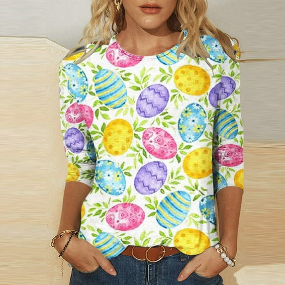 POTETI Plus Size Easter Shirts,Womens Bunny Graphic Summer 3/4 Sleeve Crew Neck Womens Tops