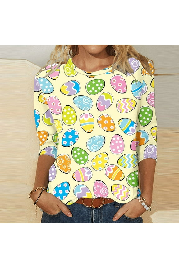 Plus Size Easter Shirts,Womens Happy Easter Summer 3/4 Sleeve Crew Neck Graphic Tees for Women