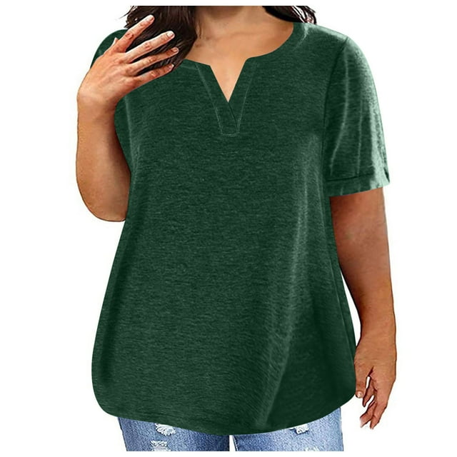 POTETI Plus Size Tops for Women Army Green Short Sleeve Solid Color V-Neck Oversized T shirts for Women