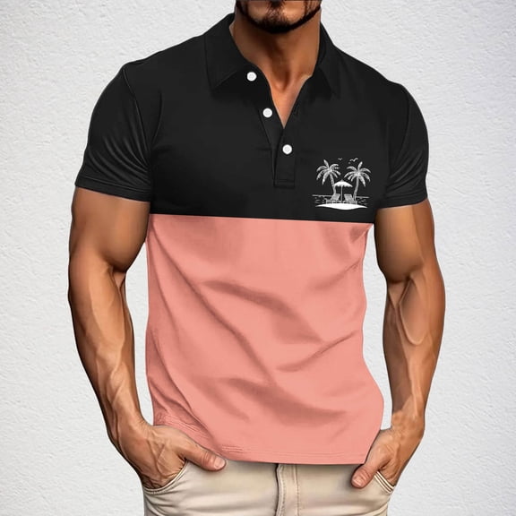 POTETI Polo Shirts for Men Big And Tall Collared Short Sleeve Casual Shirts Hawaii Print Tops