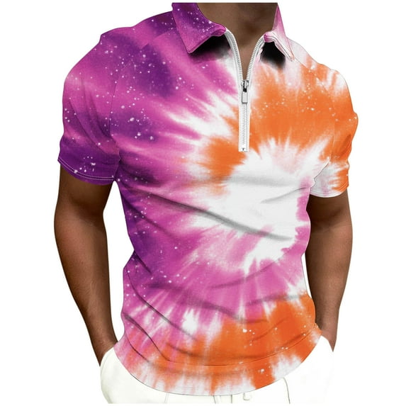POTETI Polo Shirts for Men Big And Tall Short Sleeve Collared Casual Shirts Tie Dye Quarter Zip Tops