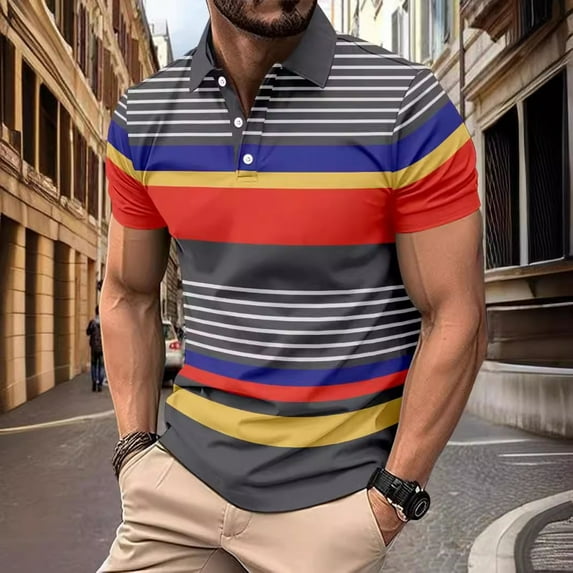 POTETI Polo Shirts for Men Casual Short Sleeve Collared Shirts Regular Fit Striped Tops