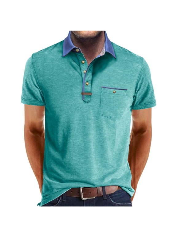 Polo Shirts for Men Casual Short Sleeve Collared Shirts Solid Pockets Cotton Loose Tops