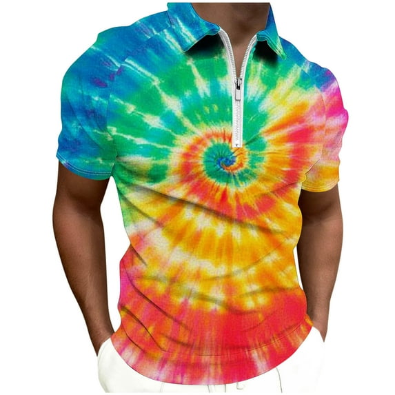POTETI Polo Shirts for Men Short Sleeve Casual Collared Shirts Loose Quarter Zip Tie Dye Tops