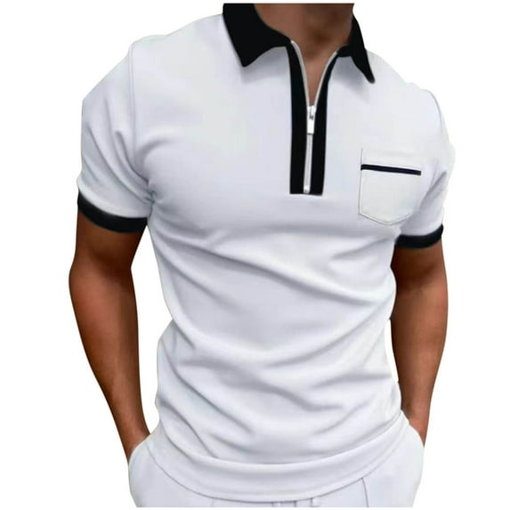 POTETI Polo Shirts for Men Short Sleeve Casual Collared Shirts Solid Quarter Zip Pockets Tops