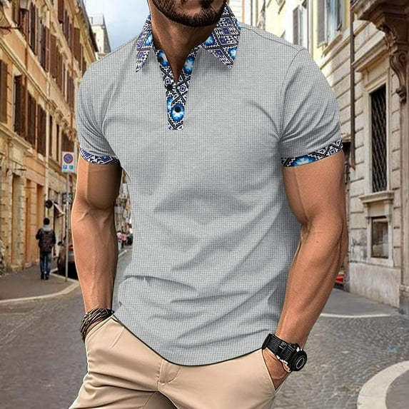 POTETI Polo Shirts for Men Short Sleeve Casual Collared Shirts Waffle Solid Patchwork Loose Tops