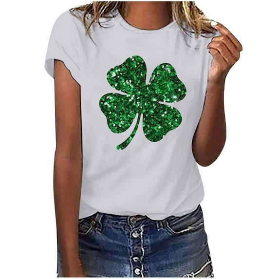 POTETI Saint Patricks Day Shirts Women,Women Short Sleeve Crew Neck Irish Shamrock Print Shirt Tops