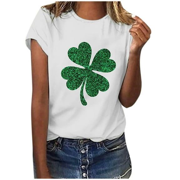 POTETI Saint Patricks Day Shirts for Women Clover Short Sleeve Crew Neck Shirt Tops