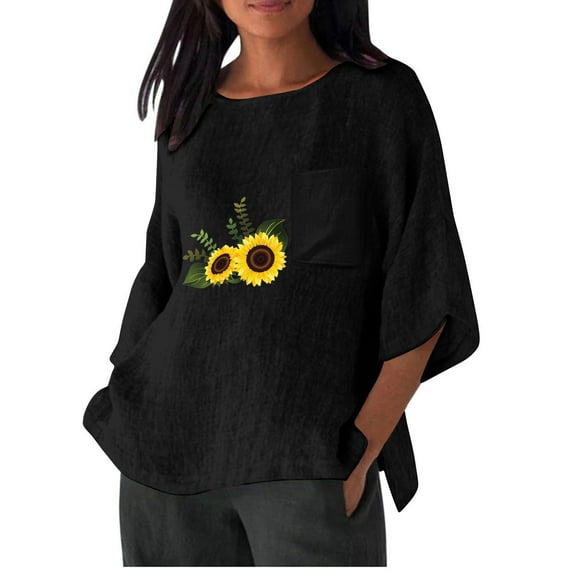 POTETI Shirts for Women Button up Winter Casual Cotton And Linen Printing Shirt 3/4 Sleeve Round Neck Oversized Pocket T-shirt Loose Casual Shirt Lightweight Black Blouse for Women